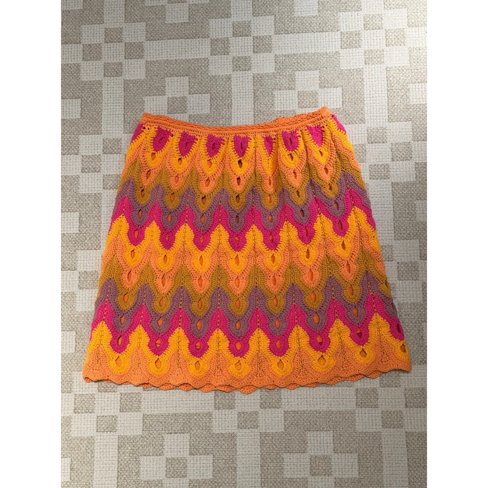 Free People Crochet Mini Skirt Orange Pink Chevron Boho Knit OB1412054 XS
